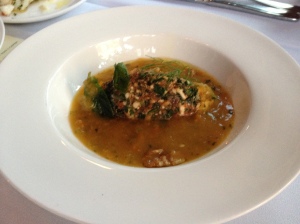 OLIVE OIL POACHED BACALAO with yellow tomato gazpacho  